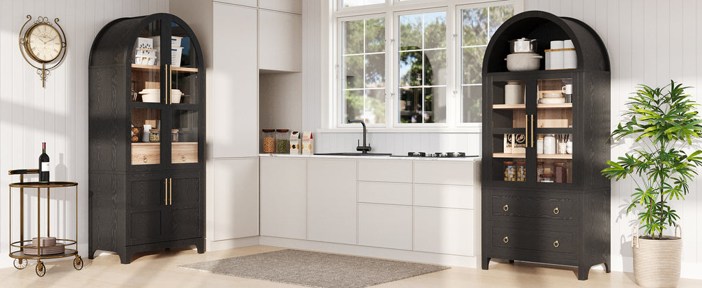 K&K 71' Tall Arched Kitchen Pantry Cabinet with Door Shelves, Farmhouse Kitchen Storage Cabinet with Open & Adjustable Shelves, Hidden Drawer & Glass Door, Cupboard for Kitchen, Dining Room, Black - Grand Goldman Shop