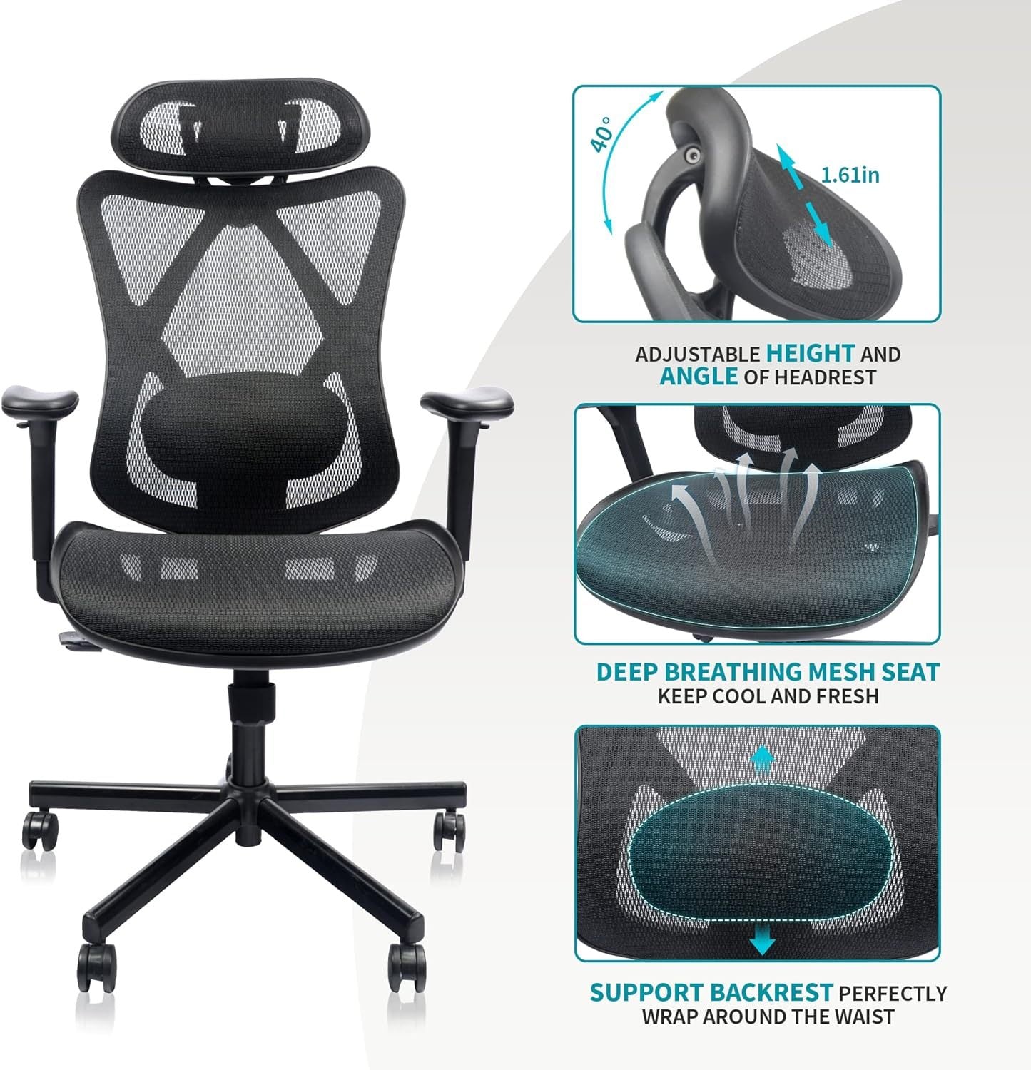 Mesh Office Chair,Ergonomic Office Chairs with Wheels,Adjustable Lumbar Support,Armrest,Headrest-Tilt High Back Desk Chair wi