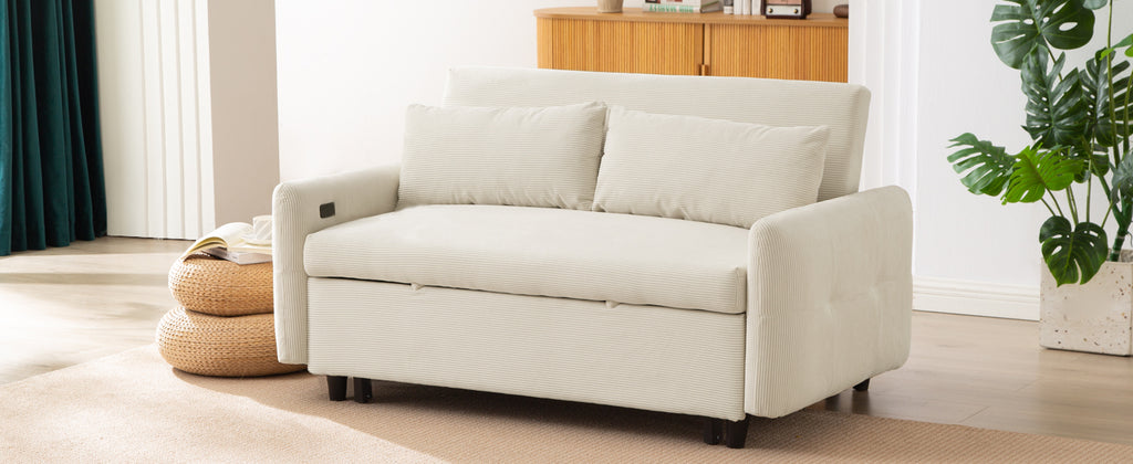 Modern Convertible Pull-out Sofa Bed with USB Ports and Pillows, Beige Corduroy, 57.48 inches - Grand Goldman Shop