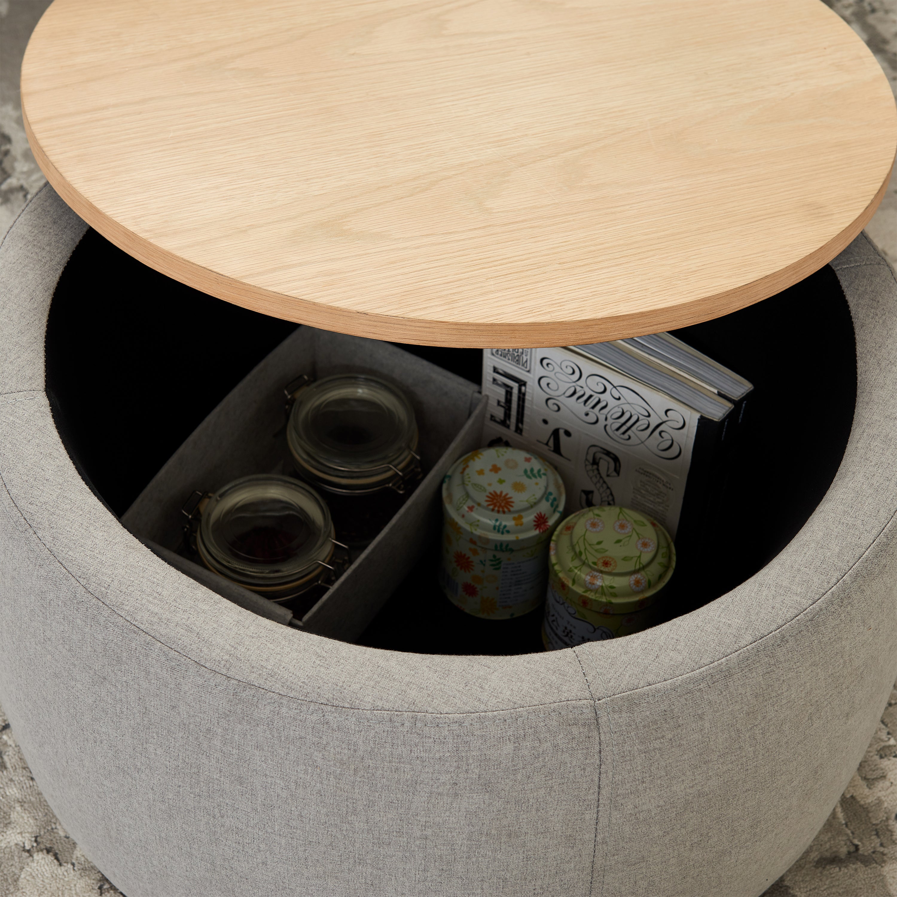 Round Storage Ottoman, 2 in 1 Function, Work as End table and Ottoman,  Grey (25.5'x25.5'x14.5') - Grand Goldman Shop