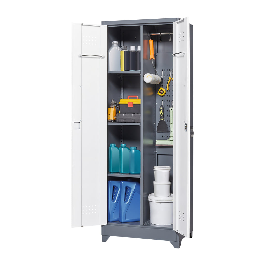 Heavy Duty Grey Metal Storage Cabinet with Locking Doors, Hanging Rod & Shelves, 65' H Broom Closet for Garage or Basement | 