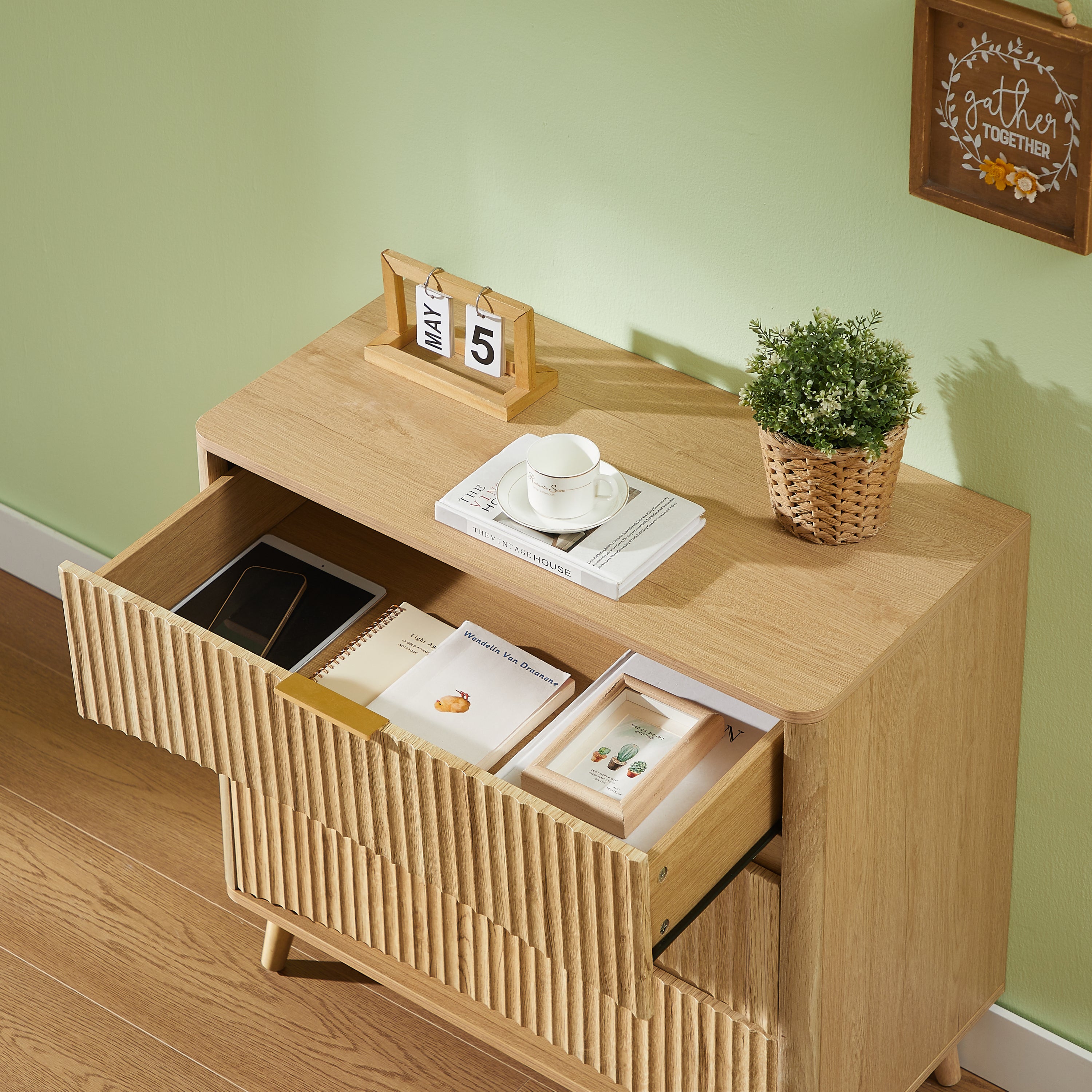 Fluted 3 Drawer Dresser Set of 2, Modern Tall Chest of Drawers with Vertical Grooved Design, Wood Storage Cabinet with Metal Handles for Bedroom Living Room, Oak. (23.6'W x 15'D x 30'H). - Grand Goldman Shop