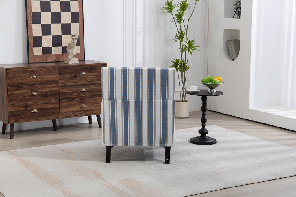 Upholstered Accent Chair, Vintage Armchair with Blue and White Striped Linen Fabric and Nailhead Trim for Living Room - Grand Goldman Shop