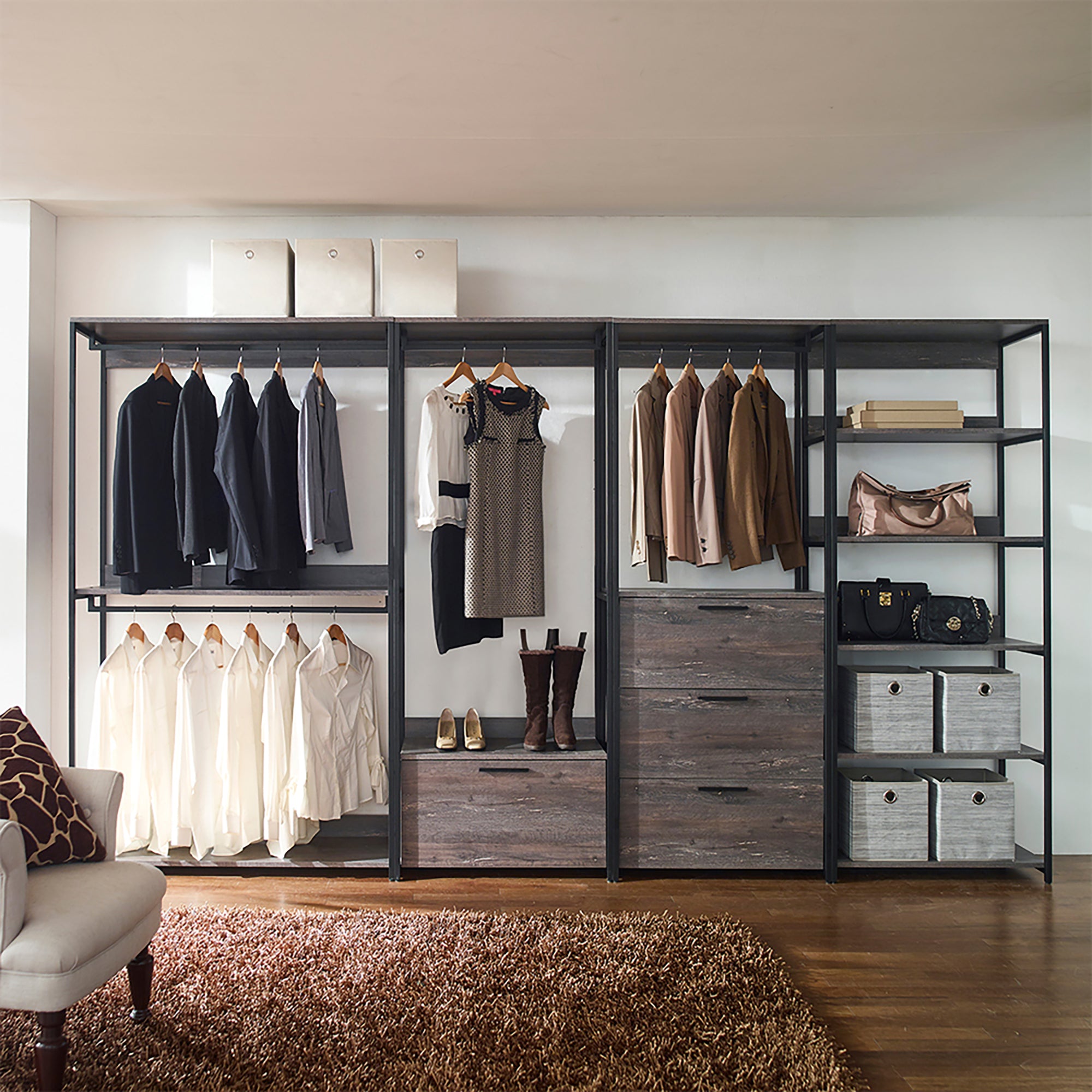 Monica Wood and Metal Walk-in Closet with Five Shelves in Rustic Gray, Solid Wood Construction - Grand Goldman Shop