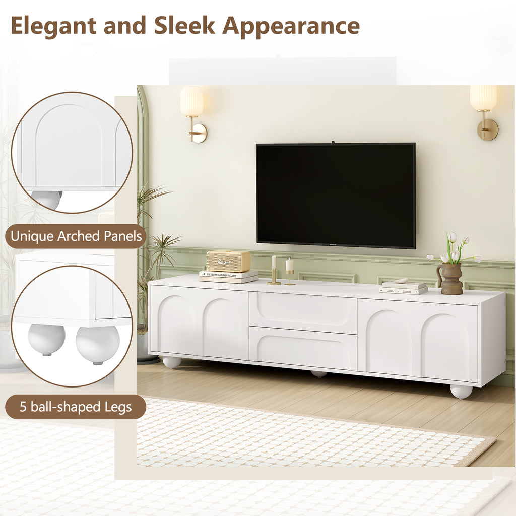 ON-TREND Cream Style TV Stand with Arched Doors & 2 Drawers for TVs up to 75', Minimalist Media Console with Rebound Device, Entertainment Center with 5 Iron Round Legs for Living Room, Bedroom, White - Grand Goldman Shop