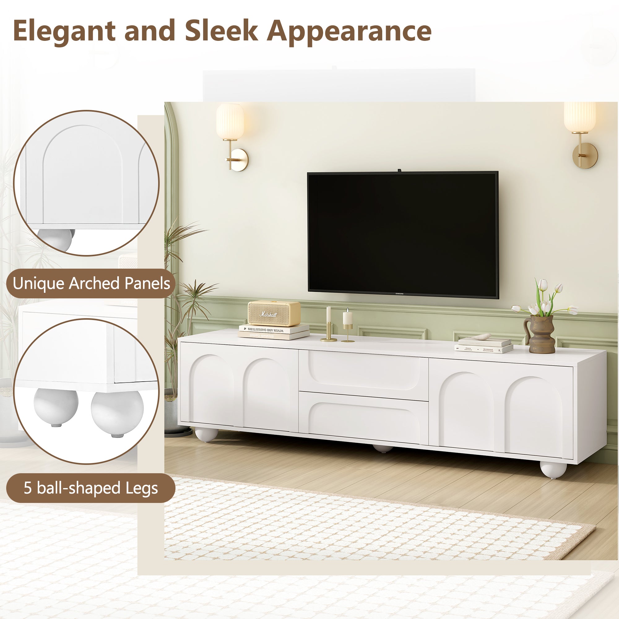 ON-TREND Cream Style TV Stand with Arched Doors & 2 Drawers for TVs up to 75', Minimalist Media Console with Rebound Device, Entertainment Center with 5 Iron Round Legs for Living Room, Bedroom, White - Grand Goldman Shop