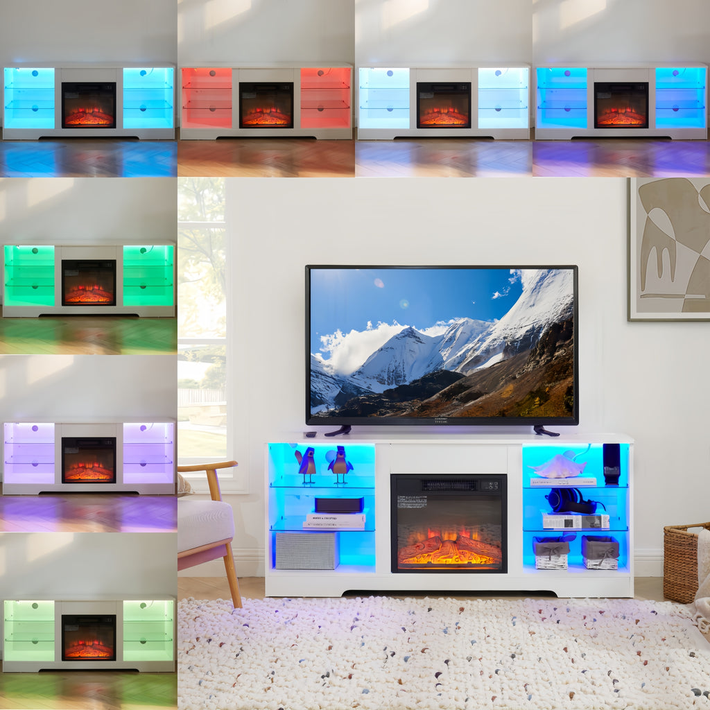 TV Stand Electric Fireplace TV Stand with Glass Shelves, 3D Fireplace TV Stand with LED Lights Wood with USB Charging Outlet Modern Television Table Center for TV up to 32-62' White 58''W*15.4''D*24.6 - Grand Goldman Shop