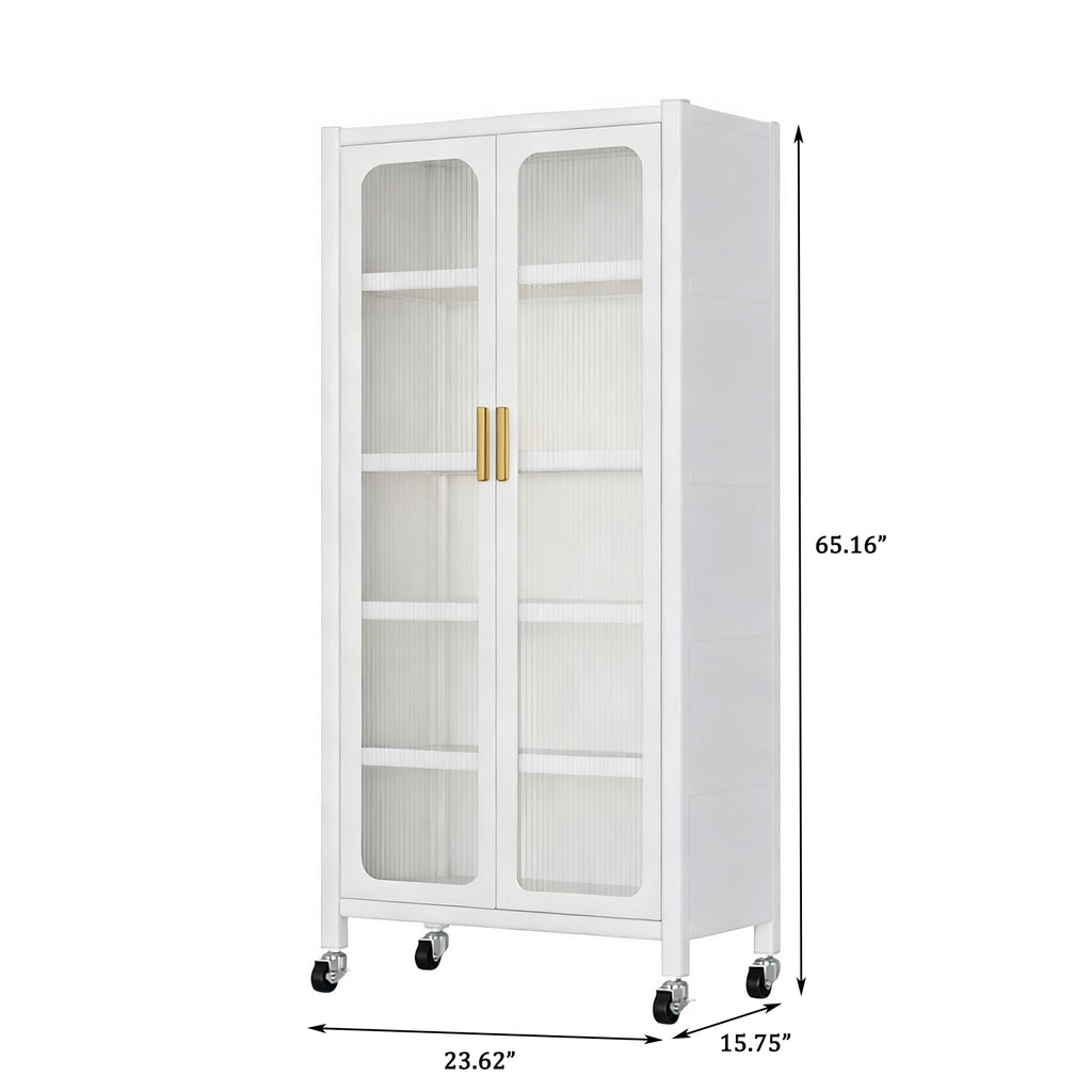 65'  Metal 6-Tier Storage Cabinet with Transparent Door, Adjustable Shelves & Wheels, for Kitchen Pantry Organization, White Metal - Grand Goldman Shop