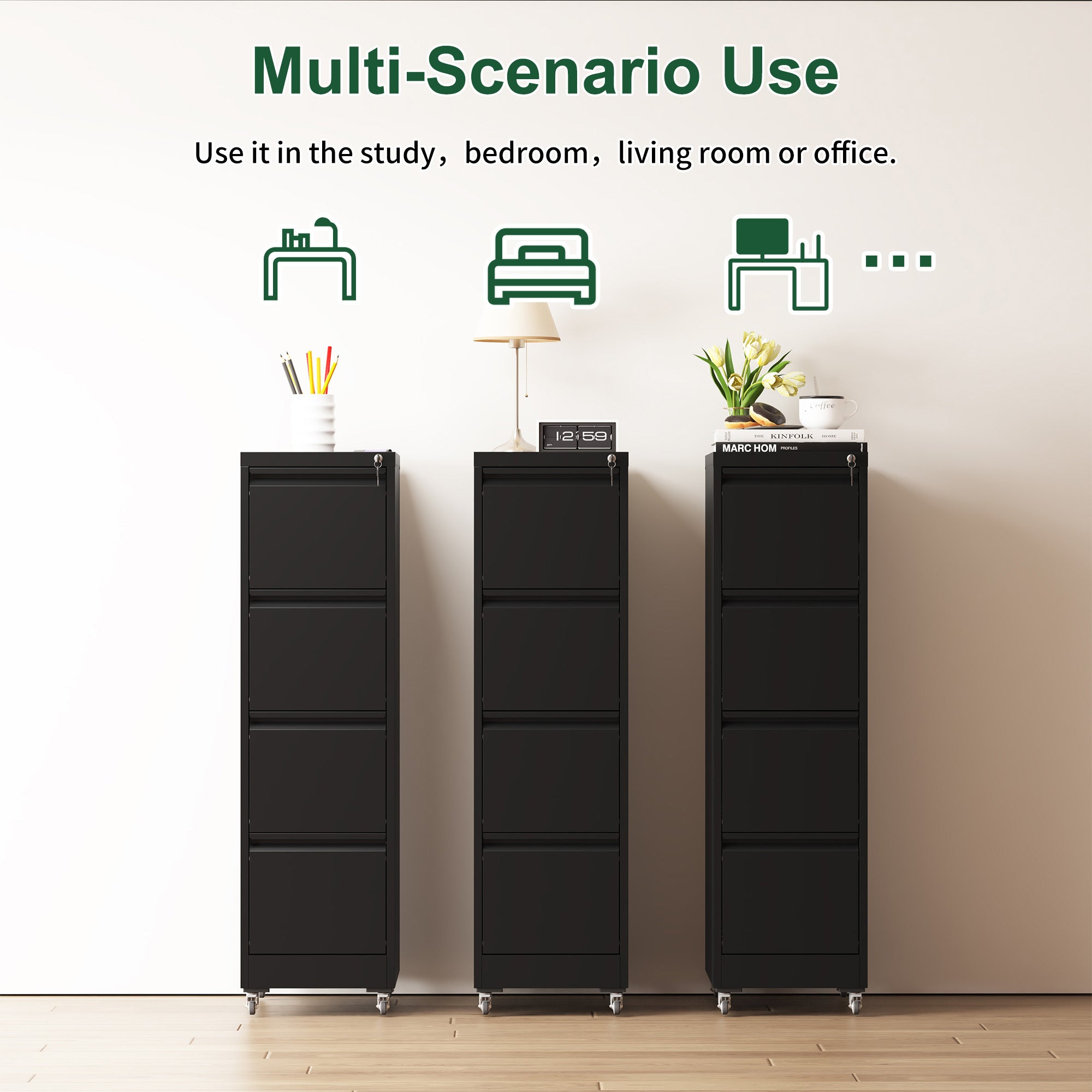Black Heavy-Duty Metal 4 Drawer Locking Vertical File Cabinet with Wheels for Home & Office, 17.71'D x 15.16'W x 52.28'H | Pr