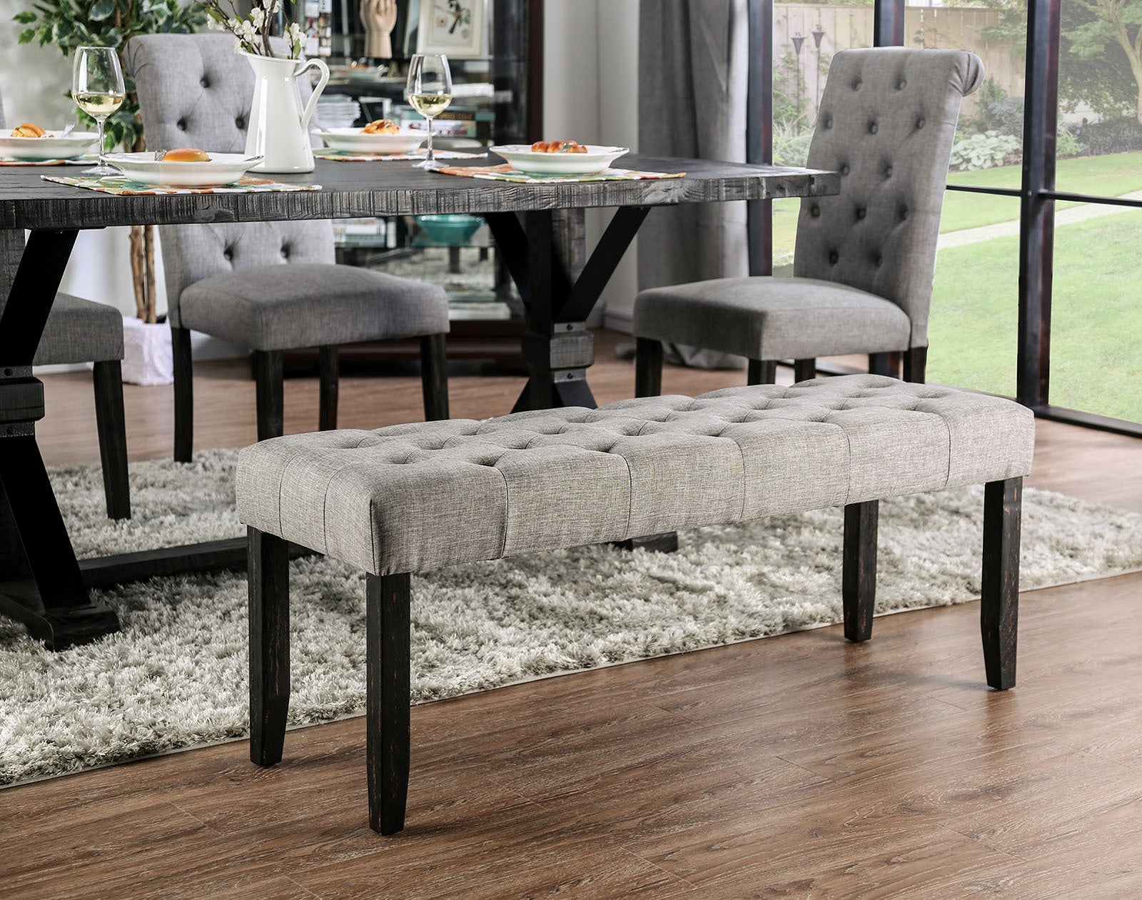 Classic Light Gray Color 1PC BENCH Button Tufted Linen Like Fabric Solid wood Chair Upholstered Seat Breakfast Rustic Dining Room Furniture - Grand Goldman Shop