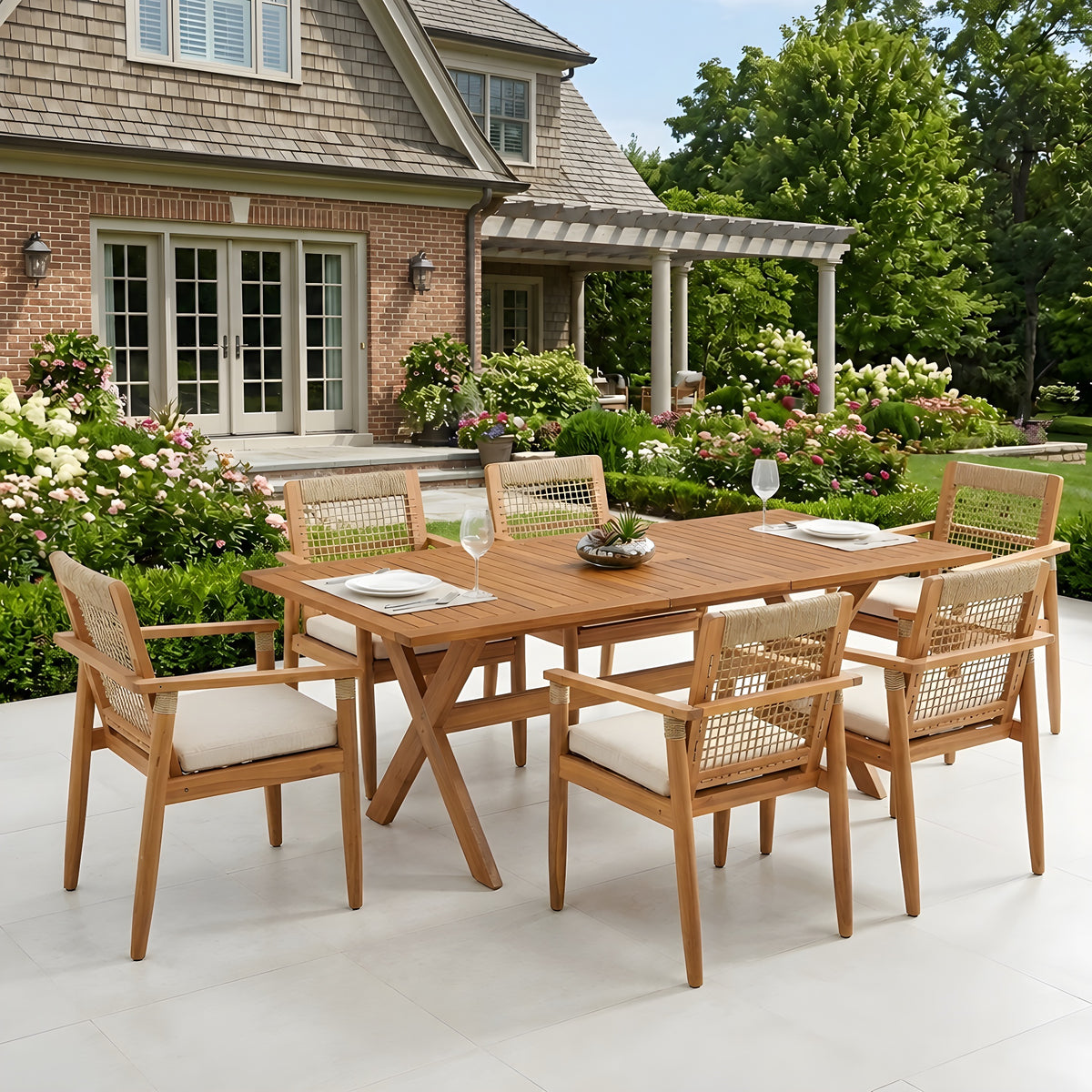 7-teiliges Outdoor-Esszimmer-Set aus Akazienholz, modern mit 6 Stühlen und 1 großem Tisch, Esszimmermöbel-Set für Rasen, Garten, Terrasse, Poolbereich, Teak-Optik