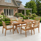 7-teiliges Outdoor-Esszimmer-Set aus Akazienholz, modern mit 6 Stühlen und 1 großem Tisch, Esszimmermöbel-Set für Rasen, Garten, Terrasse, Poolbereich, Teak-Optik