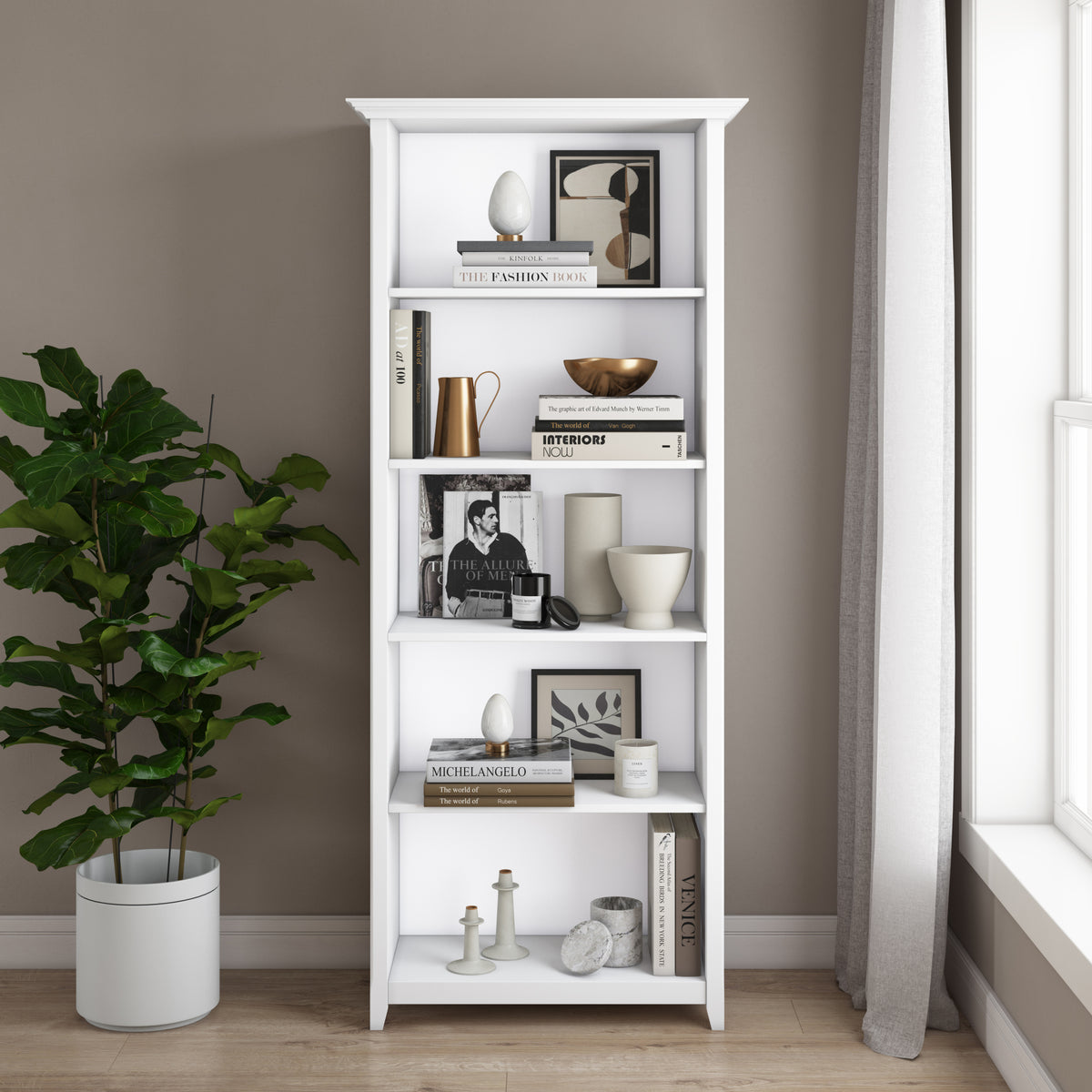 Amherst 30 inch Solid Wood 5 Shelf Bookcase in White - Grand Goldman