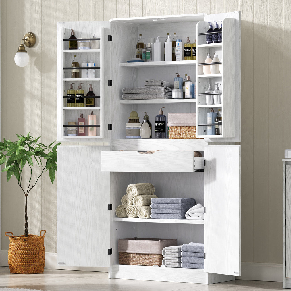 K&K 72' Tall Farmhouse Kitchen Pantry Cabinet with 8 Door Shelves, Curved Design Storage Cabinet with 3 Adjustable Shelves, Hidden Drawer, Versatile Cupboard for Kitchen, Dining & Bathroom, White - Grand Goldman Shop