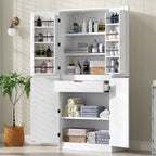 K&K 72' Tall Farmhouse Kitchen Pantry Cabinet with 8 Door Shelves, Curved Design Storage Cabinet with 3 Adjustable Shelves, Hidden Drawer, Versatile Cupboard for Kitchen, Dining & Bathroom, White - Grand Goldman Shop