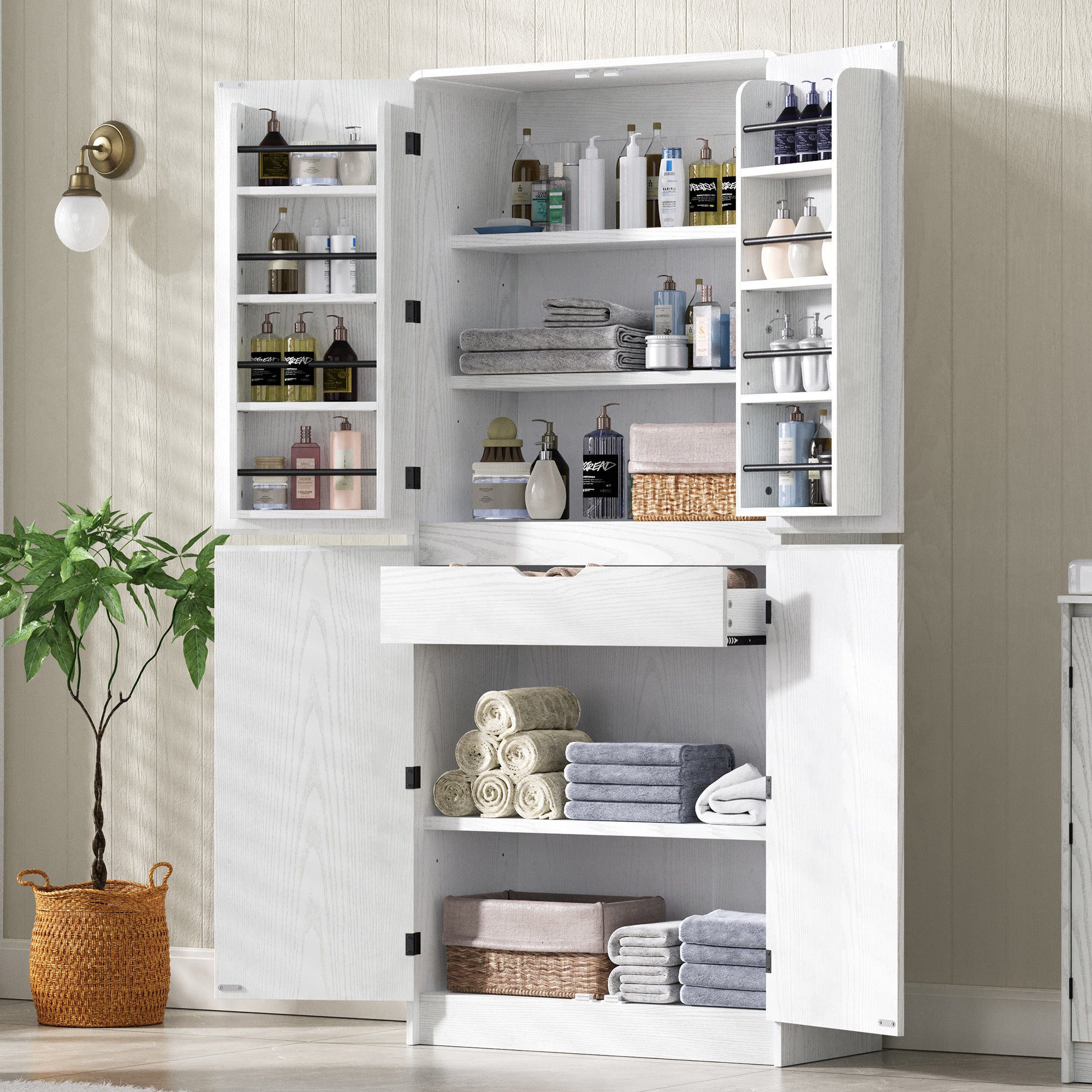 K&K 72' Tall Farmhouse Kitchen Pantry Cabinet with 8 Door Shelves, Curved Design Storage Cabinet with 3 Adjustable Shelves, Hidden Drawer, Versatile Cupboard for Kitchen, Dining & Bathroom, White - Grand Goldman Shop