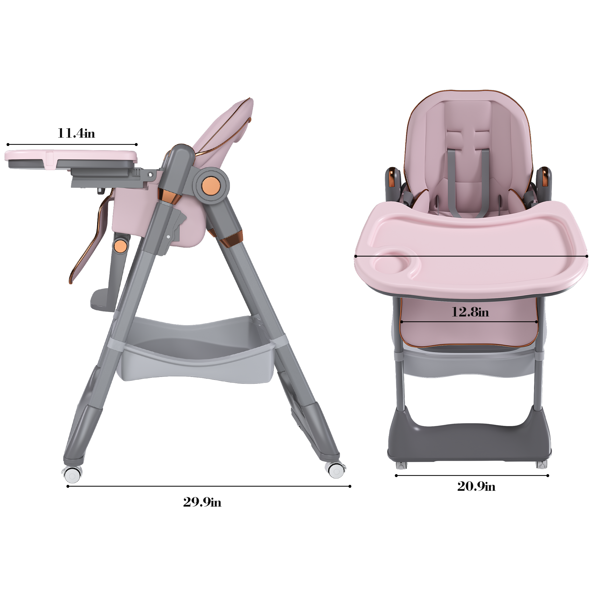 Adjustable Baby High Chair 0-6 Years – Portable Infant Feeding Seat with Safety Belt, Silent Lockable Wheels, Pink - Grand Goldman Shop