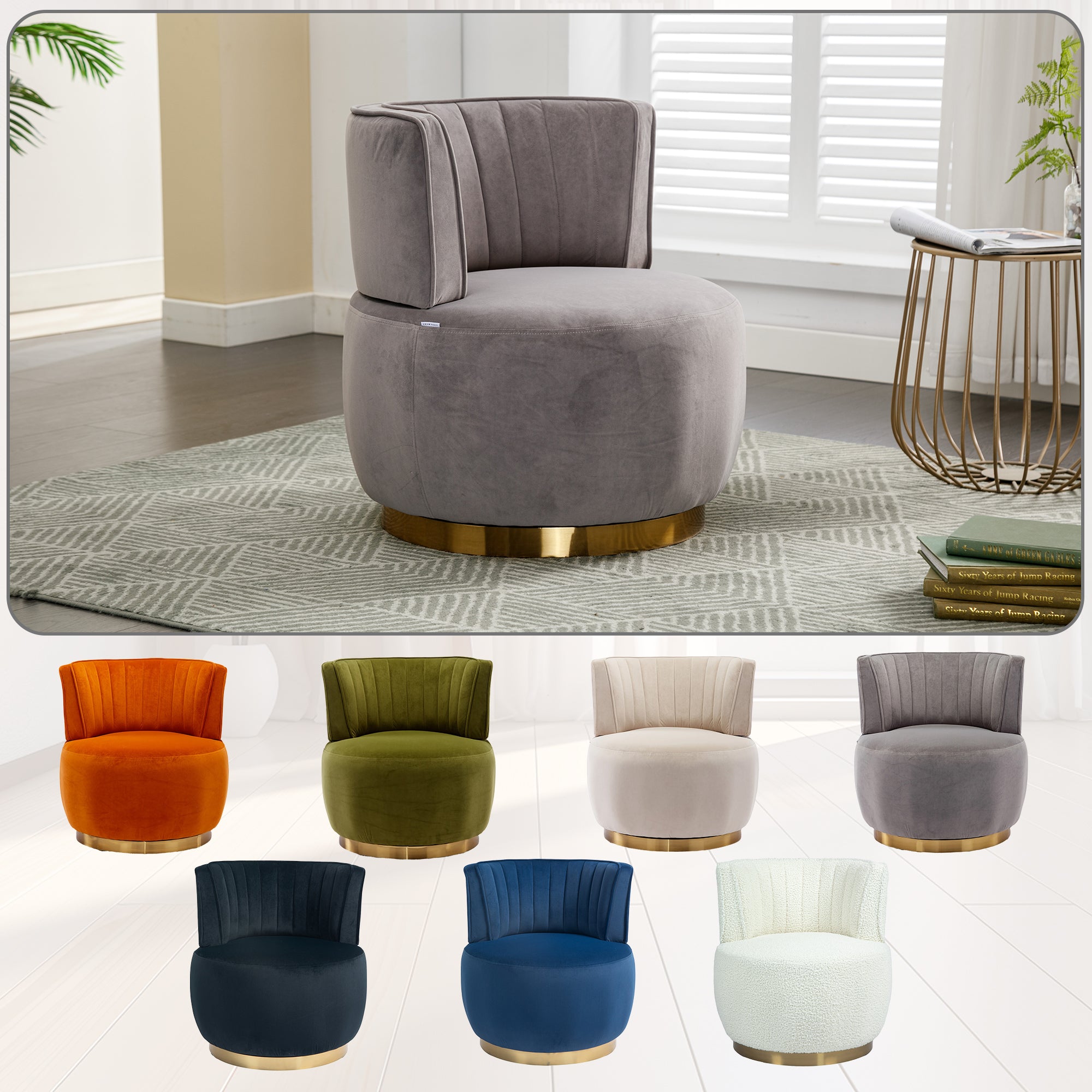 Swivel Barrel Chair, Round Armchairs with Fluffy Velvet, 360 Degree Swivel, Gray, 25.20'' x 25.59'' x 26.38'' - Grand Goldman Shop