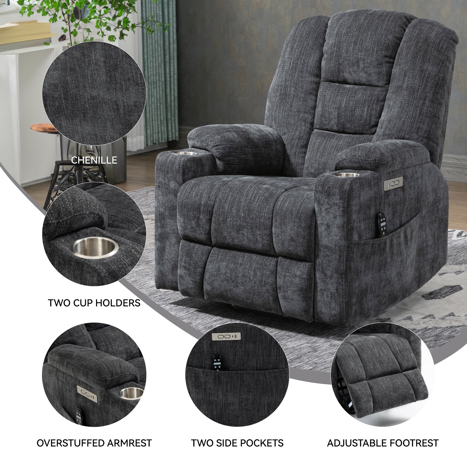 EMON'S Large Power Lift Recliner Chair with Massage and Heat for Elderly, Overstuffed Wide Recliners, Heavy Duty Motion Mechanism with USB and Type C Ports, 2 Steel Cup Holders, Gray - Grand Goldman Shop