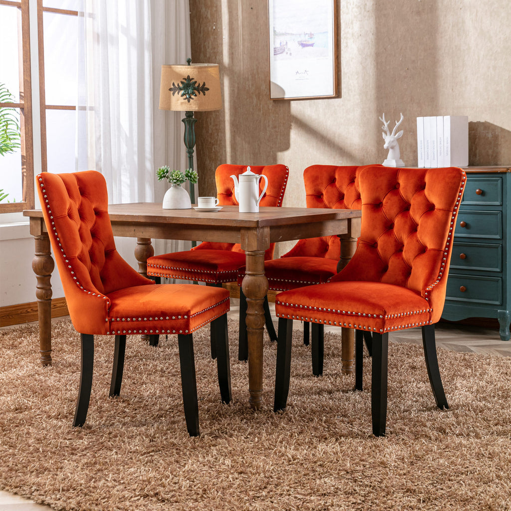 Nikki Collection Modern, High-end Tufted Solid Wood Contemporary Velvet Upholstered Dining Chair with Wood Legs Nailhead Trim 2-Pcs Set, Orange, SW2001OG - Grand Goldman Shop