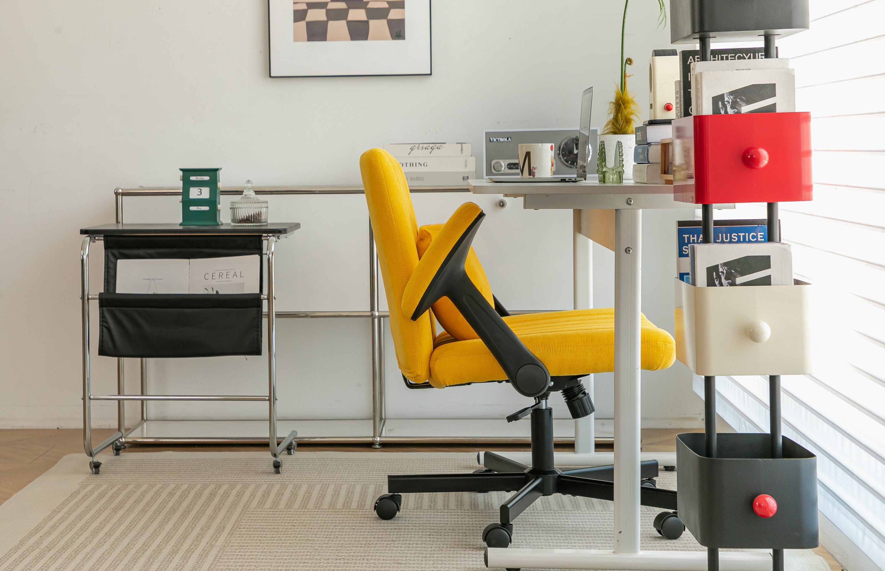 Modern Yellow Linen Criss Cross Armrest Office Chair with Wheels - Ergonomic Design for Home Office, Work & Study | Premium H