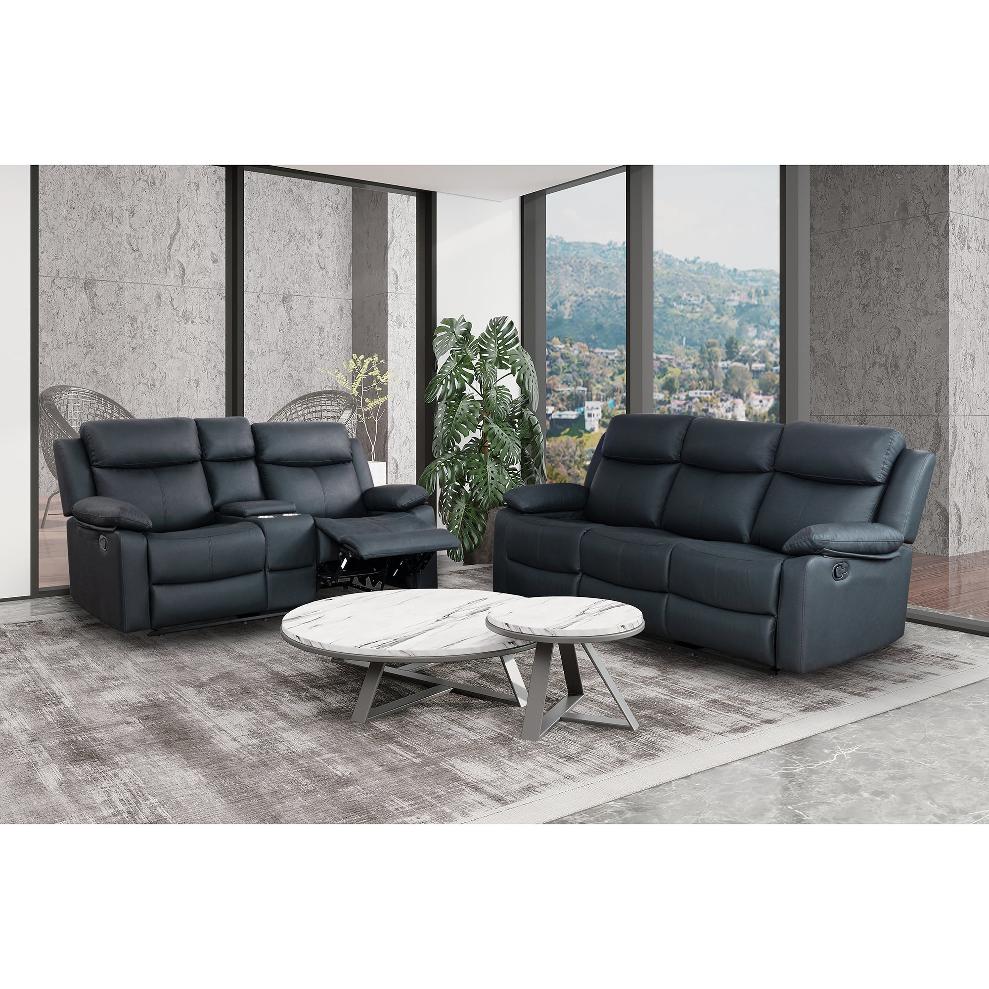 Blanche Black 2PC Reclining Sofa and Loveseat with LED Lights and Speakers in Black Upholstered Fabric, Medium Firm Seating - Grand Goldman Shop