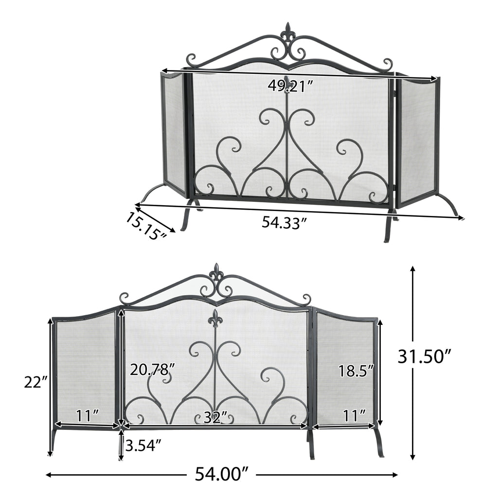 Onyx 3-Panel Iron Fireplace Screen 54' x 31.5', Black Finish - Grand Goldman Shop