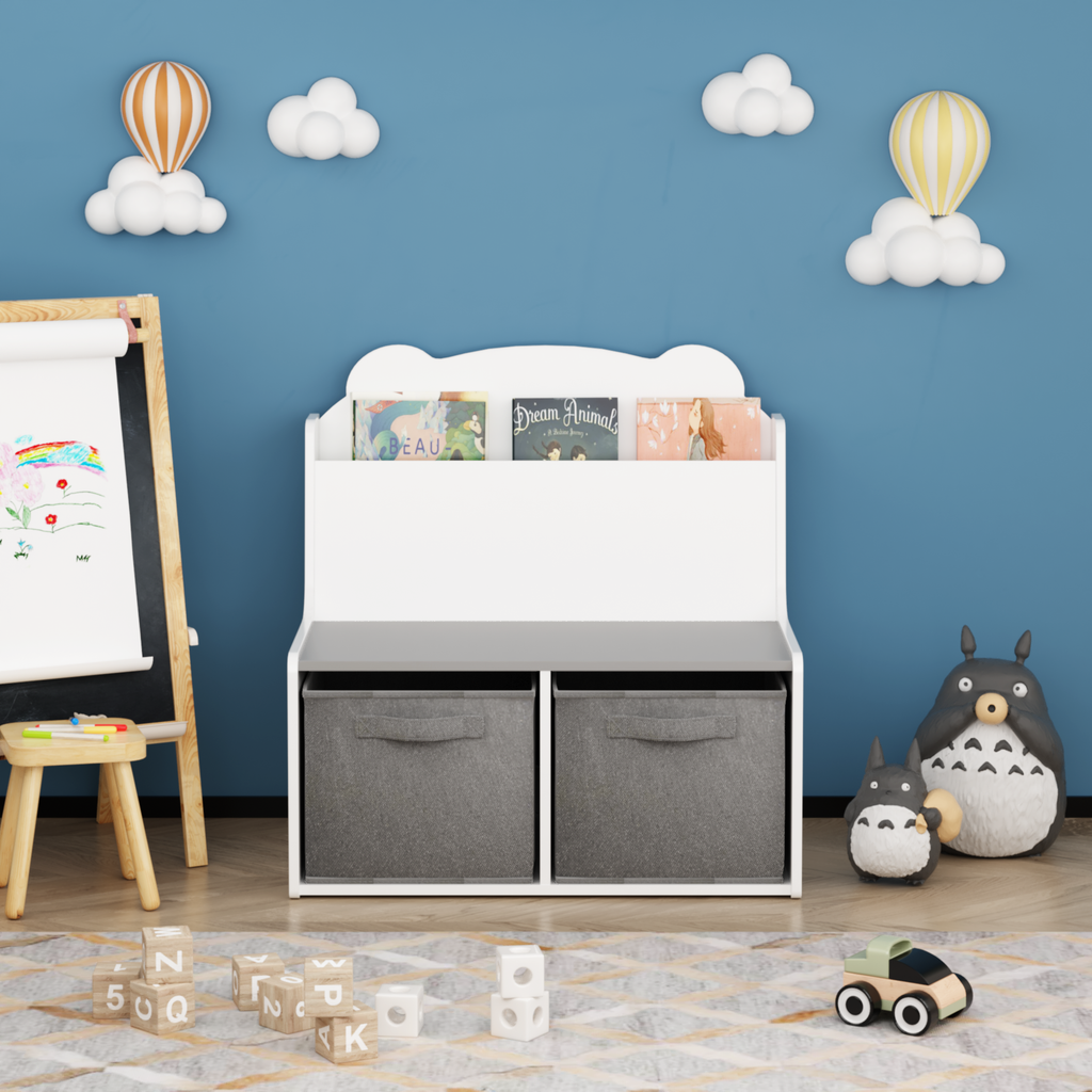Kids Bookshelf with Storage Bins – Wooden Bookcase with Book Display Shelf and 2 Fabric Bins, Cute Bear-Shaped Backboard, Toy