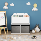 Kids Bookshelf with Storage Bins – Wooden Bookcase with Book Display Shelf and 2 Fabric Bins, Cute Bear-Shaped Backboard, Toy