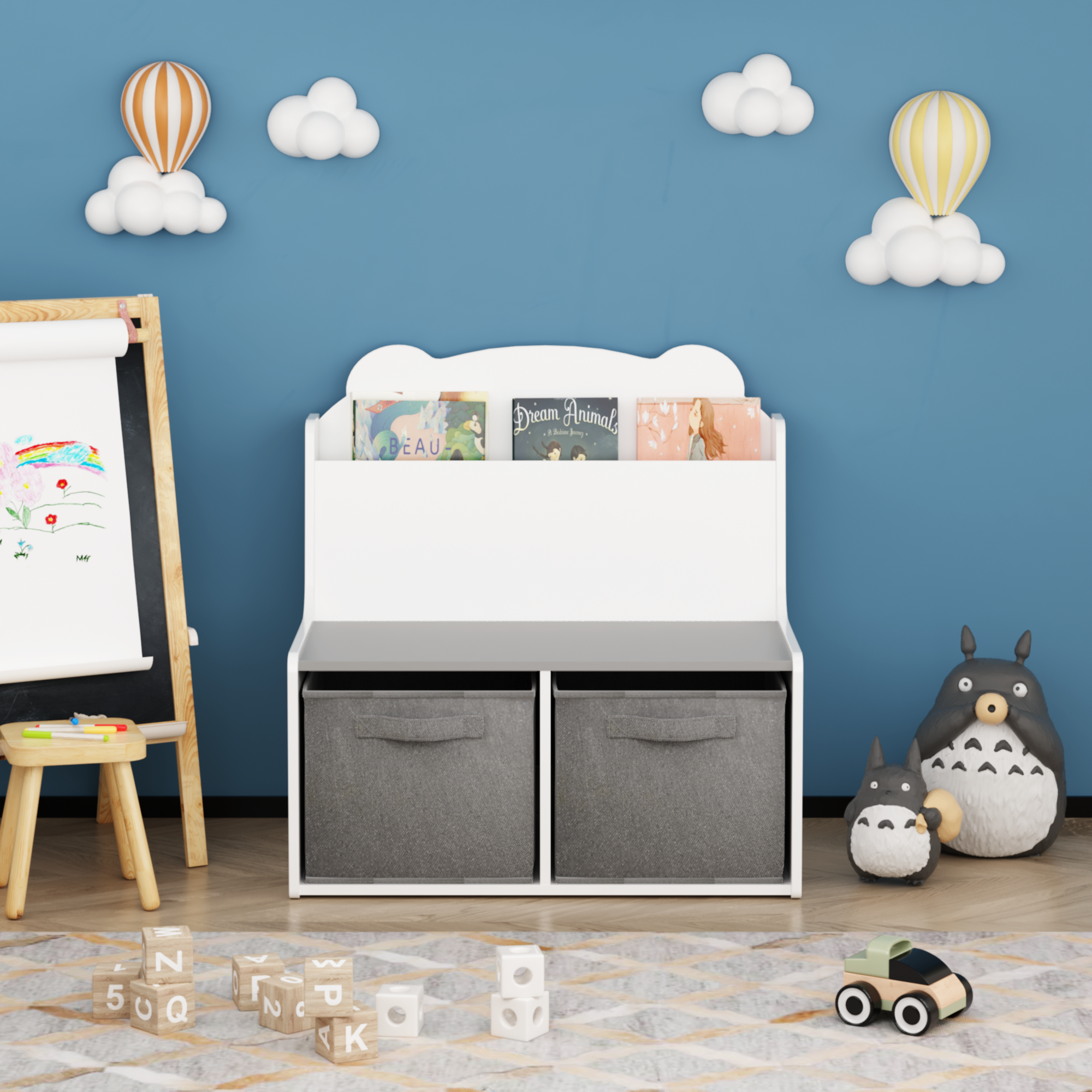 Kids Bookshelf with Storage Bins – Wooden Bookcase with Book Display Shelf and 2 Fabric Bins, Cute Bear-Shaped Backboard, Toy