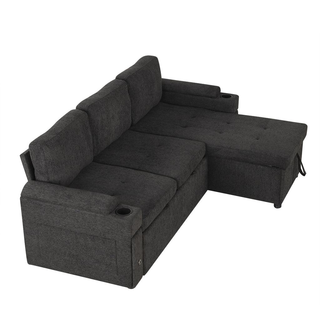 Black Convertible L-shaped Sofa Couch with Storage, Cup Holders, USB Ports, Chenille Fabric, 83.5' - Grand Goldman Shop