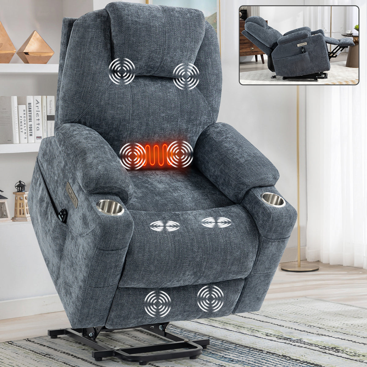 Up to 350 LBS Chenille Power Lift Recliner Chair, Heavy Duty Motion Mechanism with 8-Point Vibration Massage and Lumbar Heating, USB and Type-C Ports, Stainless Steel Cup Holders, Blue - Grand Goldman Shop