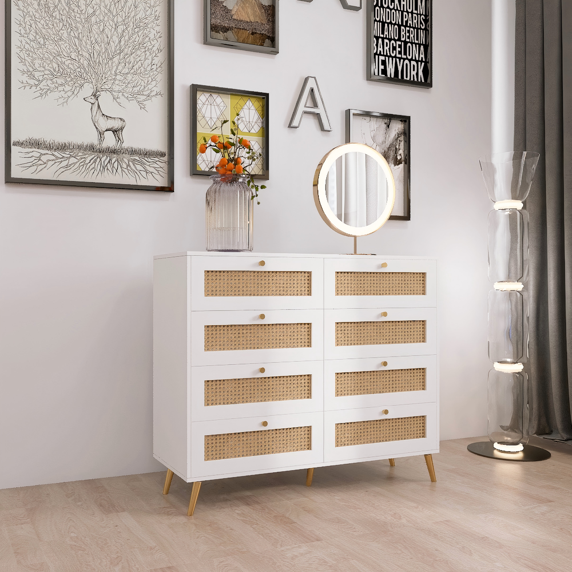 White Color 8 Drawers Chest of Drawers with Rattan Drawer Face Golden Legs and Handles - Grand Goldman Shop