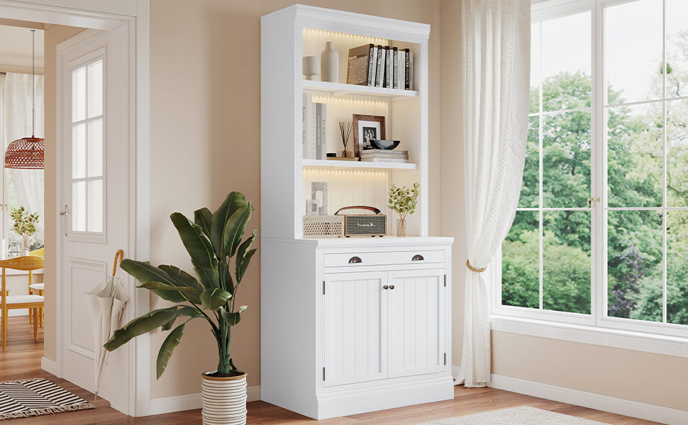 83.4'Tall Bookshelf with 3 pieces LED Lighting, Modern Bookcase with 2 Doors and 1 Drawer,Storage Bookcase with Open Shelves for Living Room,Home Office,White - Grand Goldman Shop