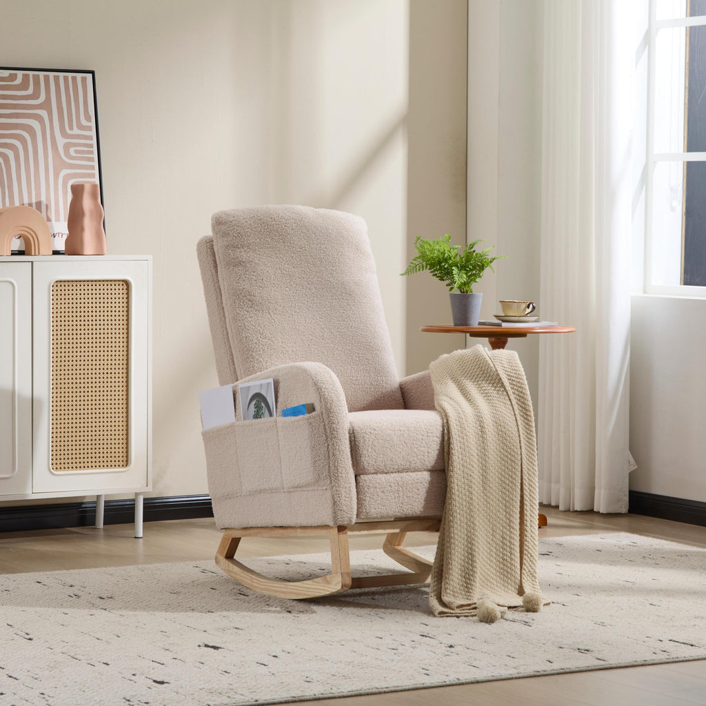 Modern Accent Rocking Chair Rocking Chair with Solid Wood Legs, Upholstered Nursery Glider Rocker Side Pocket and Footrest, Living Room Lounge Arm Chair with High Backrest (beige,teddy) - Grand Goldman Shop