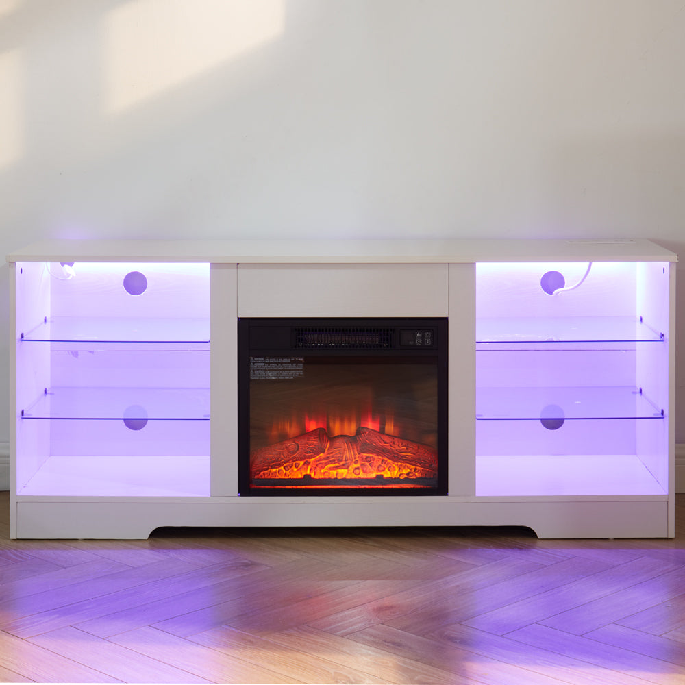 TV Stand Electric Fireplace TV Stand with Glass Shelves, 3D Fireplace TV Stand with LED Lights Wood with USB Charging Outlet Modern Television Table Center for TV up to 32-62' White 58''W*15.4''D*24.6 - Grand Goldman Shop