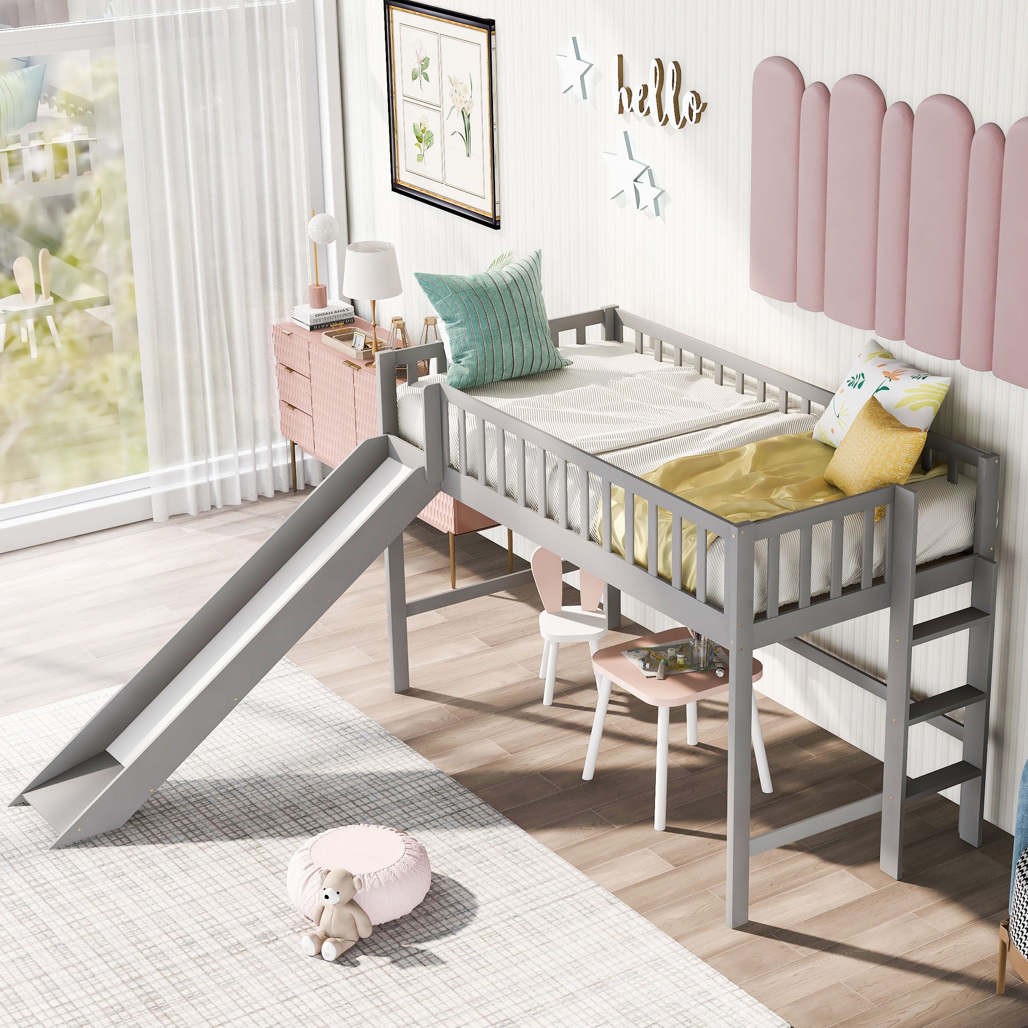 Twin Size Low Loft Bed with Ladder and Slide, Gray(OLD SKU:WF196418AAE) - Grand Goldman Shop
