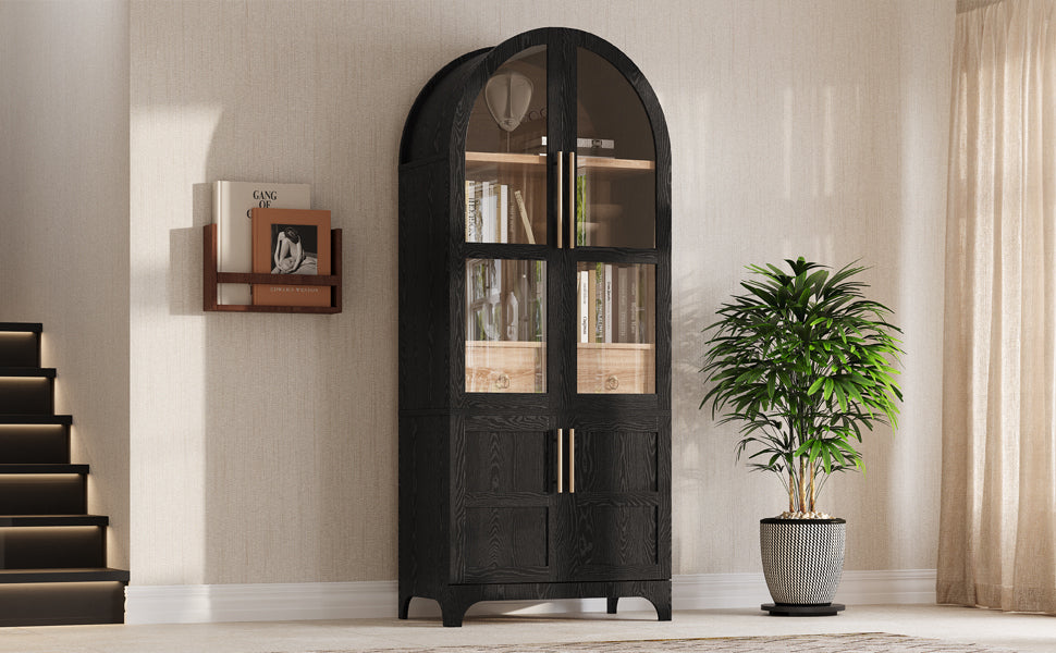 K&K 71' Tall Arched Kitchen Pantry Cabinet with Door Shelves, Farmhouse Kitchen Storage Cabinet with Open & Adjustable Shelves, Hidden Drawer & Glass Door, Cupboard for Kitchen, Dining Room, Black - Grand Goldman Shop