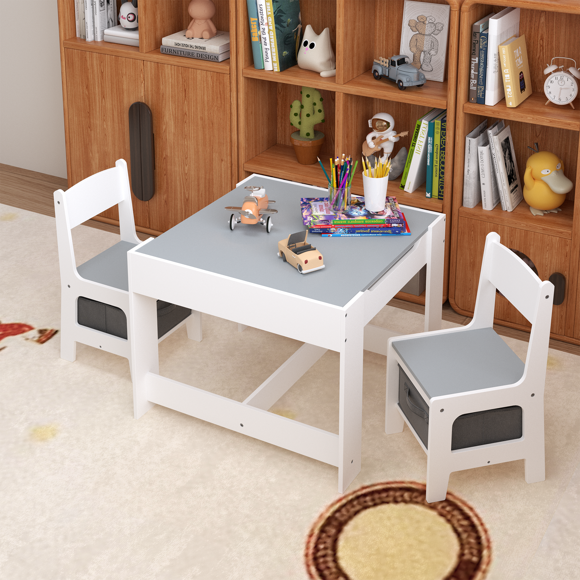 Kids Table and Chair Set, 3 in 1 Wooden Activity Table with Storage Drawer for Toddlers Drawing, Reading, Crafts, 2 in 1 Deta