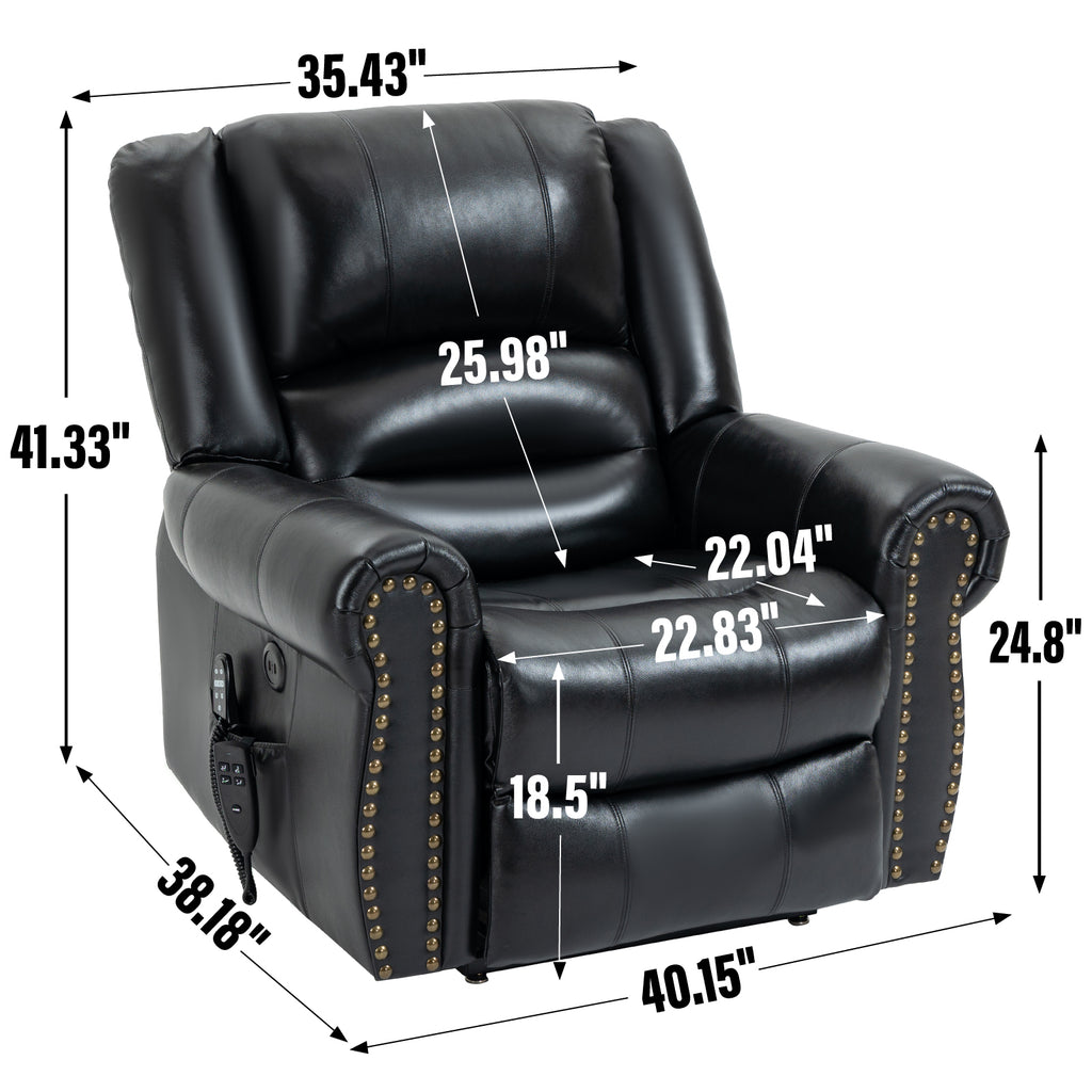 Power Lift Recliner Chair Heat Massage Dual Motor Infinite Position Up to 350 LBS, Genuine Leather, Heavy Duty Motion Mechanism with USB Ports, Black - Grand Goldman Shop