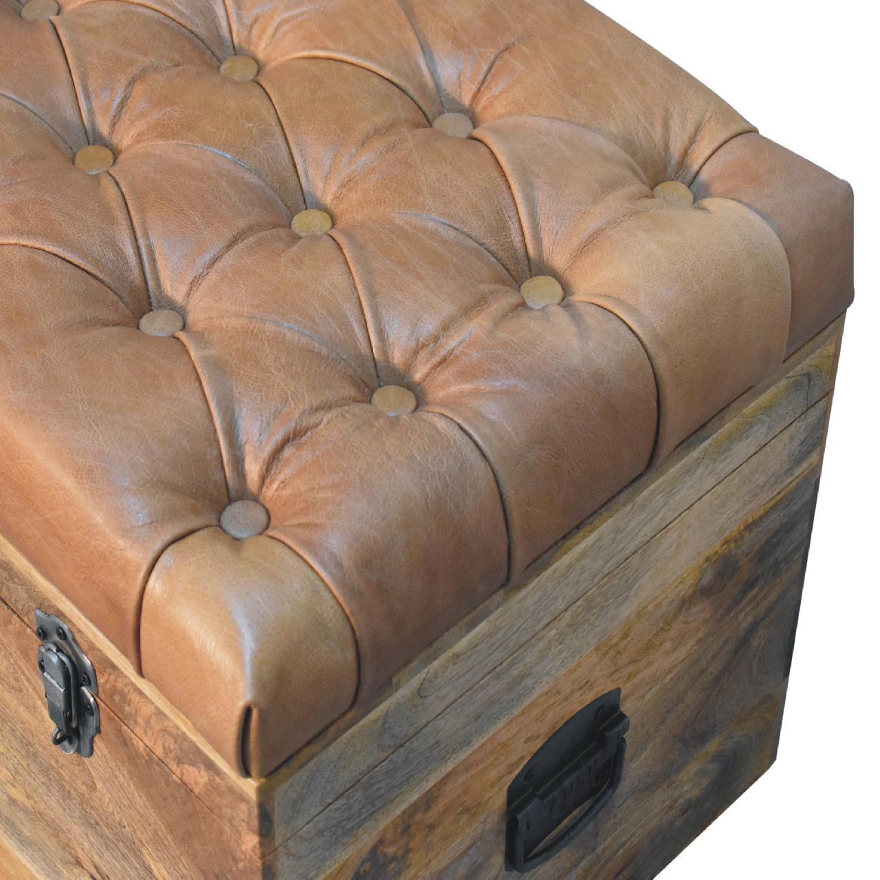 Solid Wood Buffalo Hide Oak-ish Storage Trunk, Leather Upholstered, Brown and Tan - Grand Goldman Shop