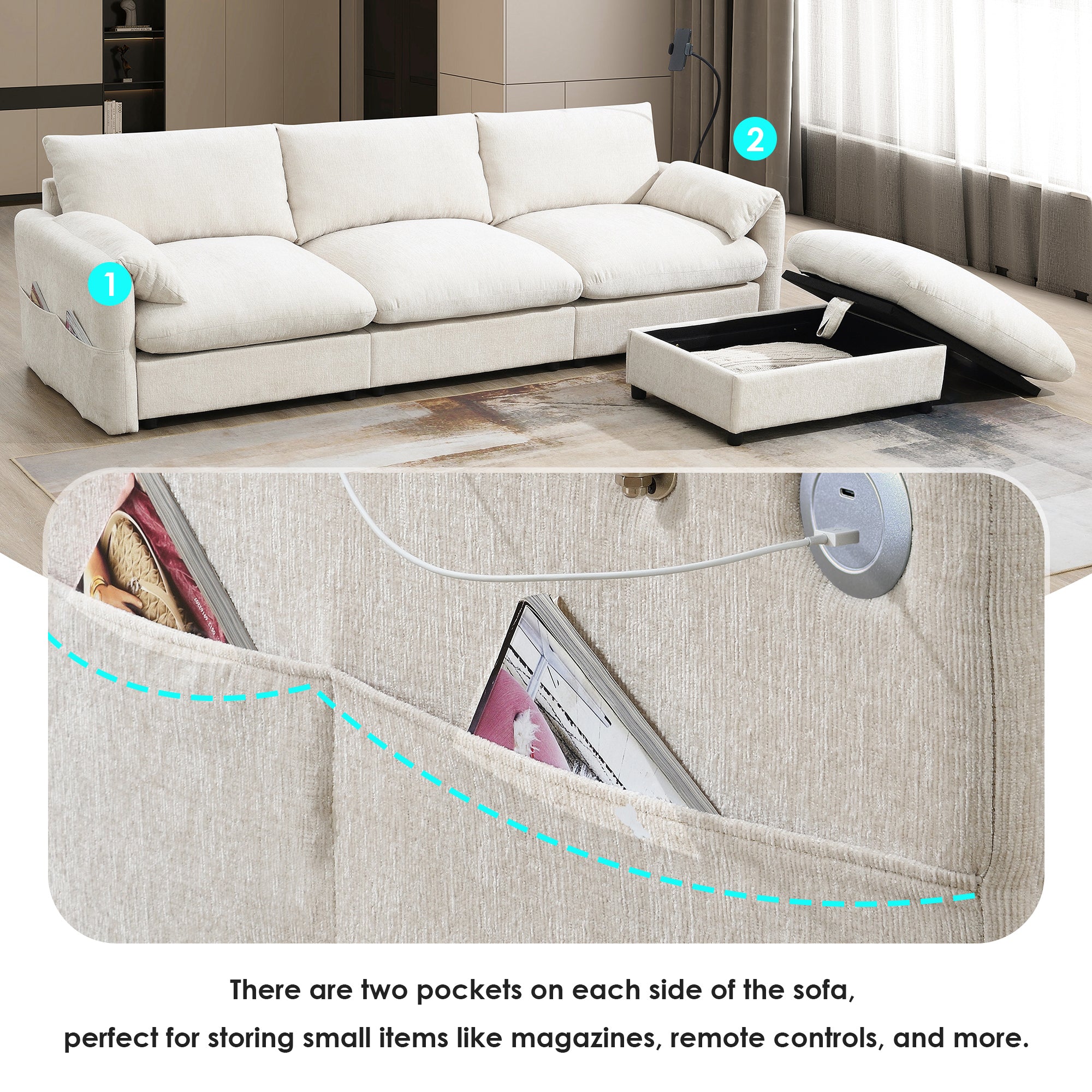 [VIDEO]96.5'' L-Shaped Sectional Sofa with Storage Ottoman and Pockets, Adjustable Phone Holder, USB Charger, Elephant Ear-Shaped Armrests, Comfy Seat for Living Room&Apartment, Chenille, 3 Colors - Grand Goldman Shop