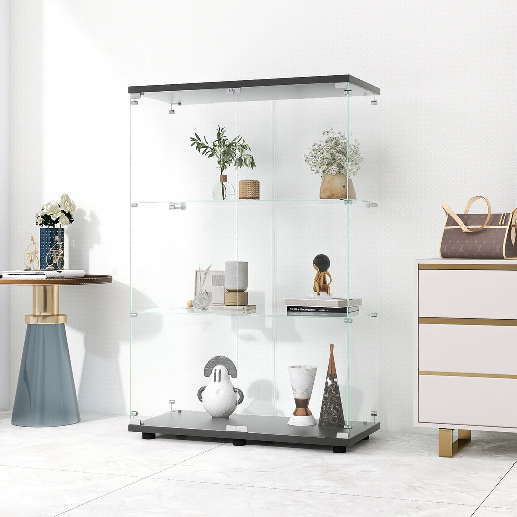 Two-door Glass Display Cabinet 3 Shelves with Door, Floor Standing Curio Bookshelf for Living Room Bedroom Office, 49.3'*31.7