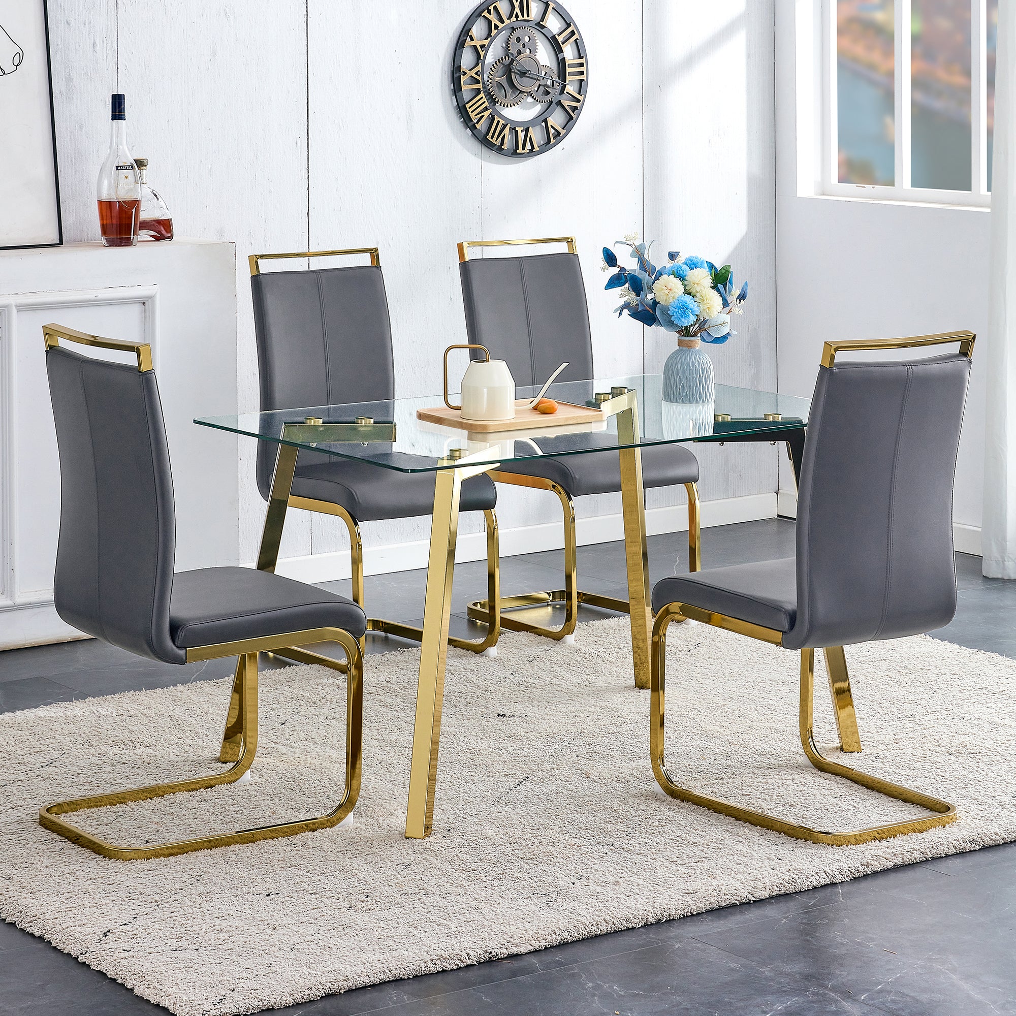 Modern minimalist style rectangular glass dining table with tempered glass tabletop and golden metal legs, suitable for kitchen, dining room, and living room, 51 ' * 31.5 ' * 29.5 '   1123 - Grand Goldman Shop