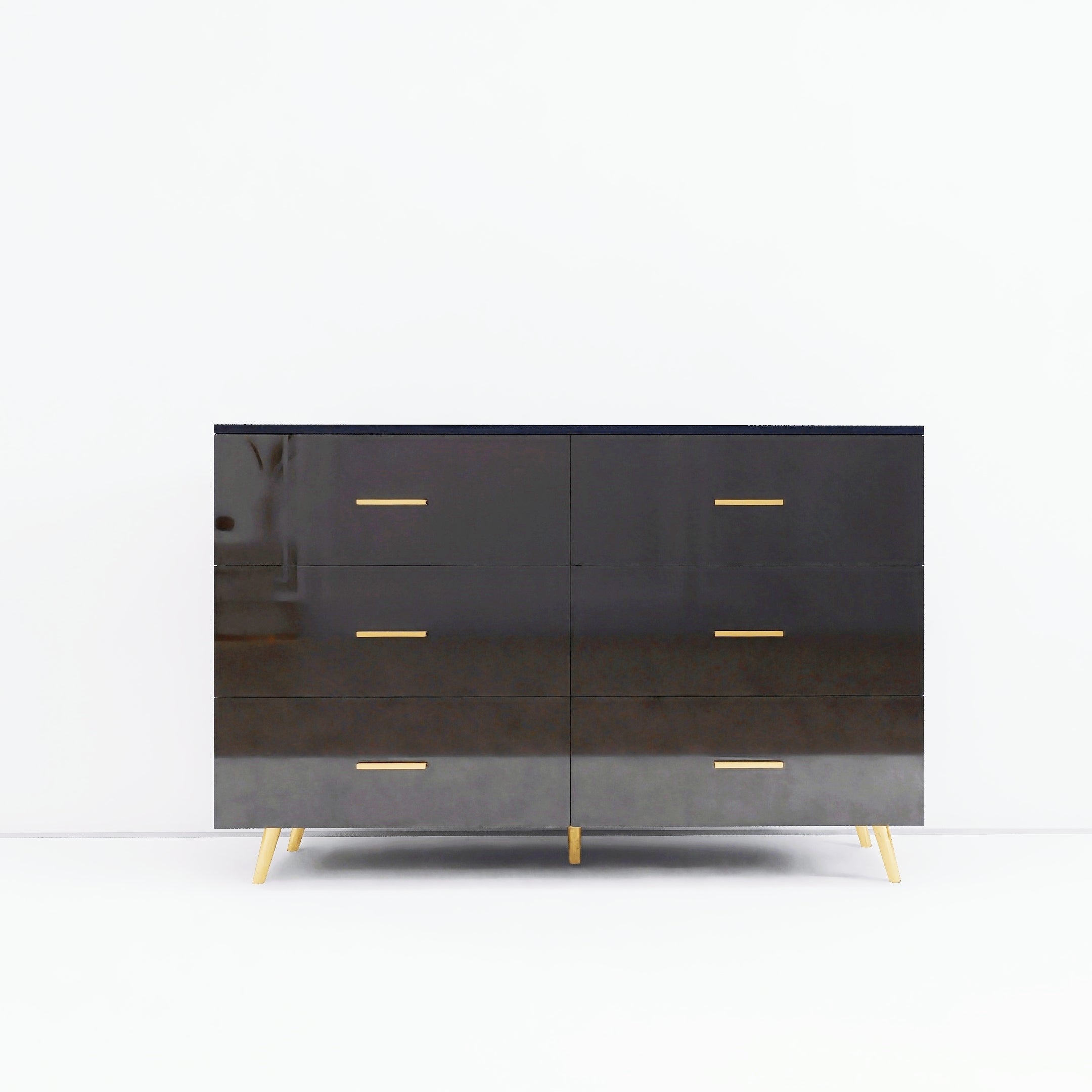 High Glossy Surface 6 Drawers Chest of Drawer with Golden Handle and Golden Steel Legs Black Color Vanity - Grand Goldman Shop