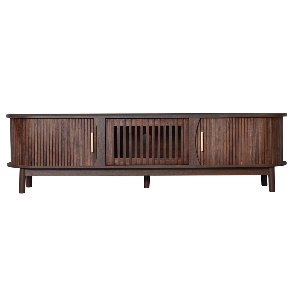 Modern Farmhouse TV Stand for 75' TVs, Wood Entertainment Center with Storage Cabinet, TV Console Table for Living Room, Bedroom in Dark Brown with Solid Wood Legs and MDF Construction - Grand Goldman Shop