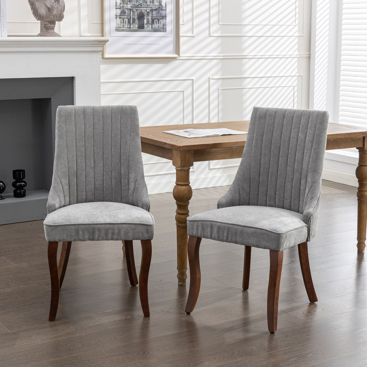 Rayon Cloth Flocking Linen Dining Chairs Channel Kitchen Dinner Chair Comfy Fabric Upholstered Accent Chair for Dining Room with Curved Solid Wood Legs,Set of 2 (Gray), SW1847GY - Grand Goldman Shop