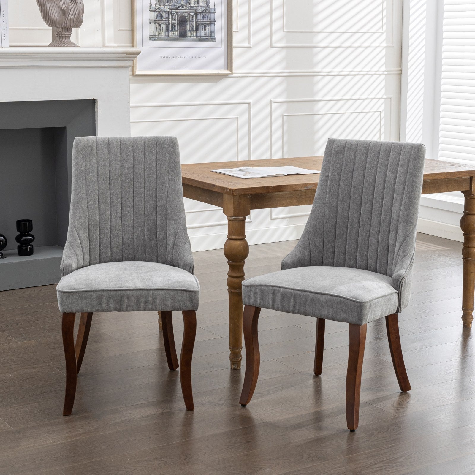 Rayon Cloth Flocking Linen Dining Chairs Channel Kitchen Dinner Chair Comfy Fabric Upholstered Accent Chair for Dining Room with Curved Solid Wood Legs,Set of 2 (Gray), SW1847GY - Grand Goldman Shop