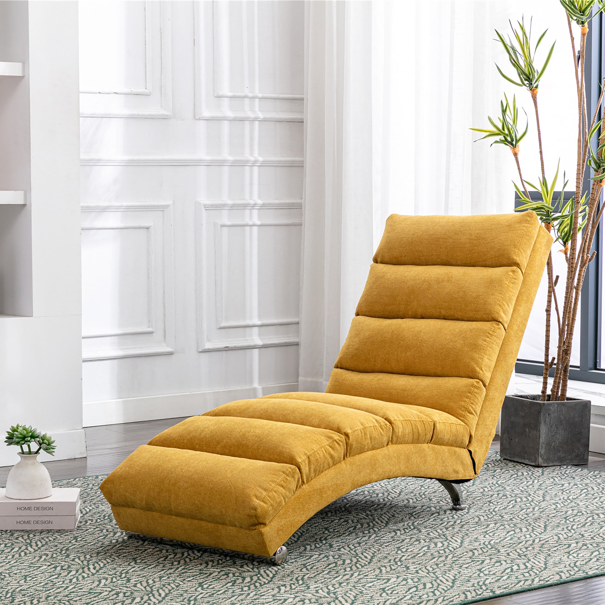 Ergonomic Linen Massage Chaise Lounge with Remote Control, Mustard Color, 5 Modes for Office, Living Room, Bedroom - Grand Goldman Shop