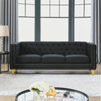Modern Black Velvet Sofa with Button Tufting and Metal Legs, 3-Seater Couch for Living Room or Bedroom, Upholstered in Soft Velvet with Solid Wood Frame - Grand Goldman Shop